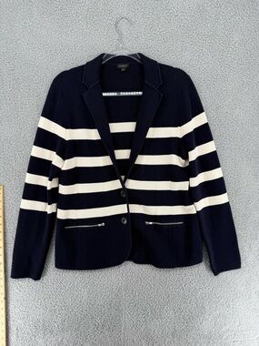 Talbots Navy and White Striped Knit Blazer Jacket